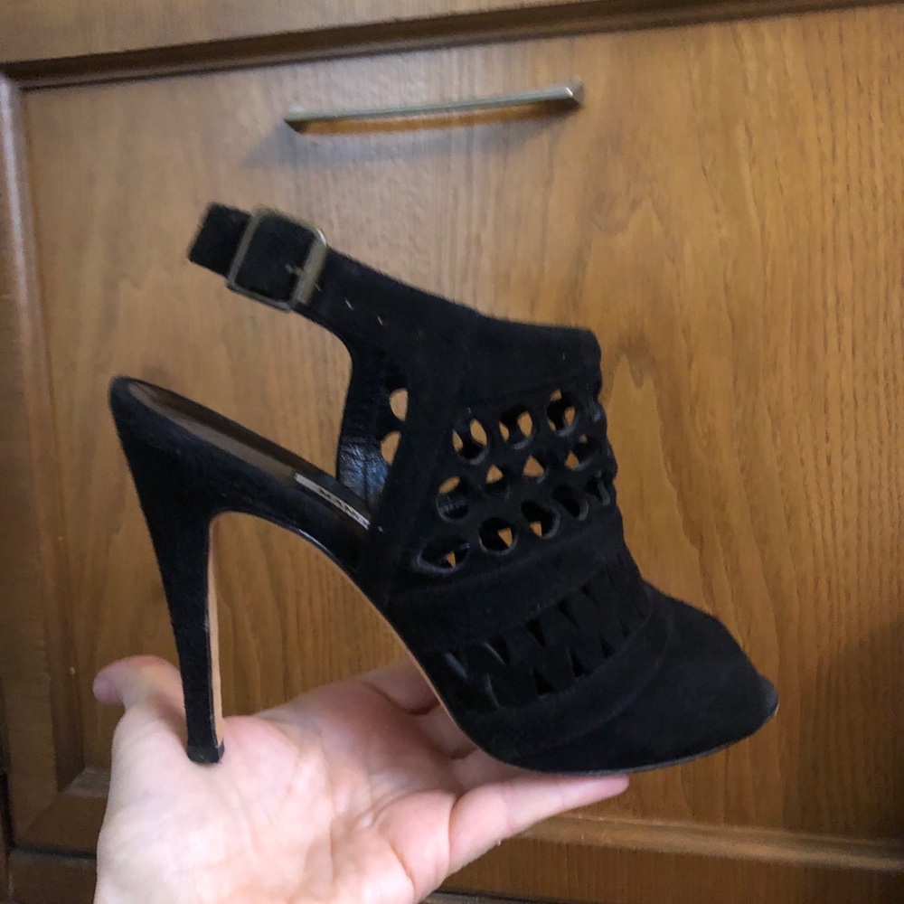 Manolo Blahnik singback sandals shoes black suede perforated Open Toe 36.5